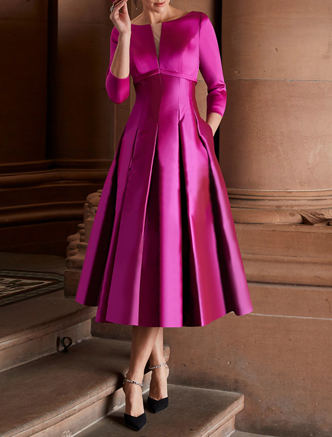 Wholesale A-Line Cocktail Dresses Minimalist Dress Party Dress Wedding Guest Tea Length 3/4 Length Sleeve Jewel Neck Fall Wedding Guest Satin with Pleats